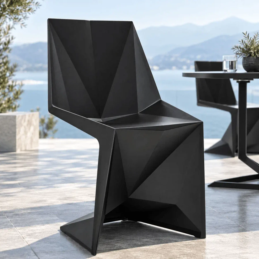 BLACK - Vondom Voxel Chair, modern black polypropylene basic finish, geometric faceted design, side view, outdoor patio setting.