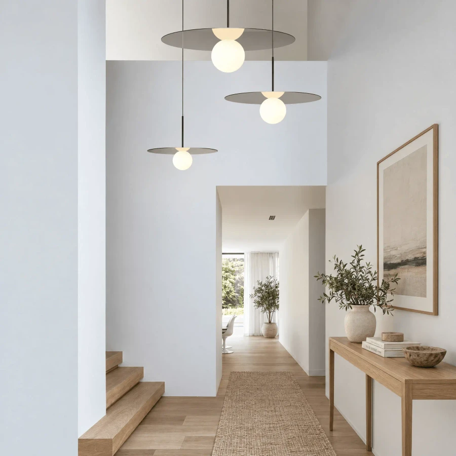 CHROME || 18 IN - Pablo Bola Disc Pendant lights, chrome finish, opal glass globe, modern style, in a white minimalist hallway, eye-level view.