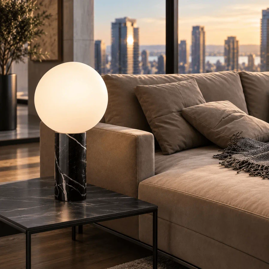 BLACK MARQUINA - Pablo Pilar Table Lamp with Black Marquina Marble Base and Opal Glass Globe in a modern living room, side angle view.