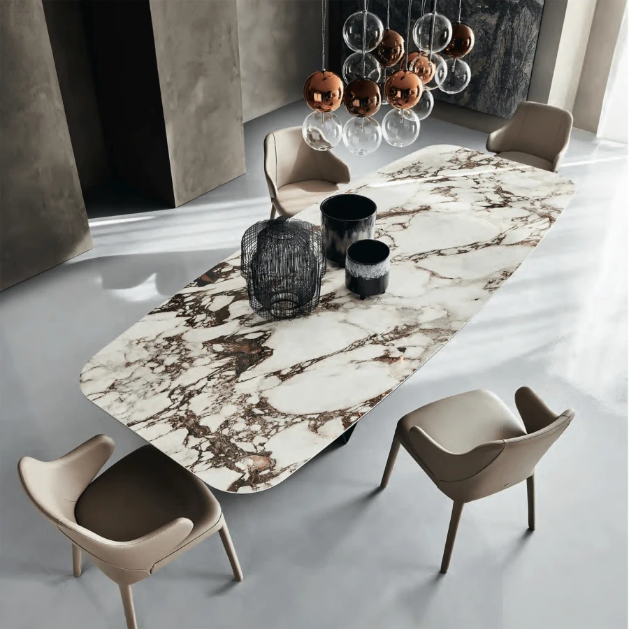 BRECCIA || GRAPHITE EMBOSSED STEEL - Cattelan Skorpio Keramik Dining Table, Breccia Ceramic Top, Graphite Embossed Steel Base, modern dining room, high angle view