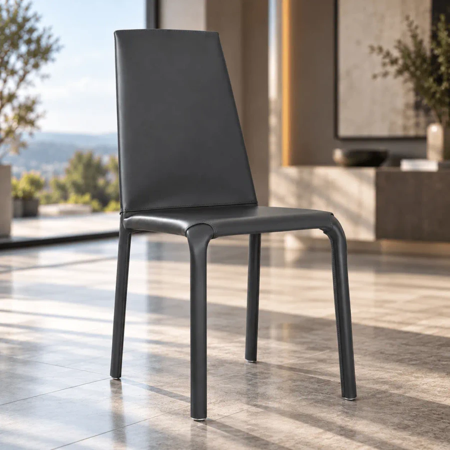 Bontempi Casa Alice Side Chair in anthracite grey leather with anthracite stitch, modern style, 3/4 view in dining room.