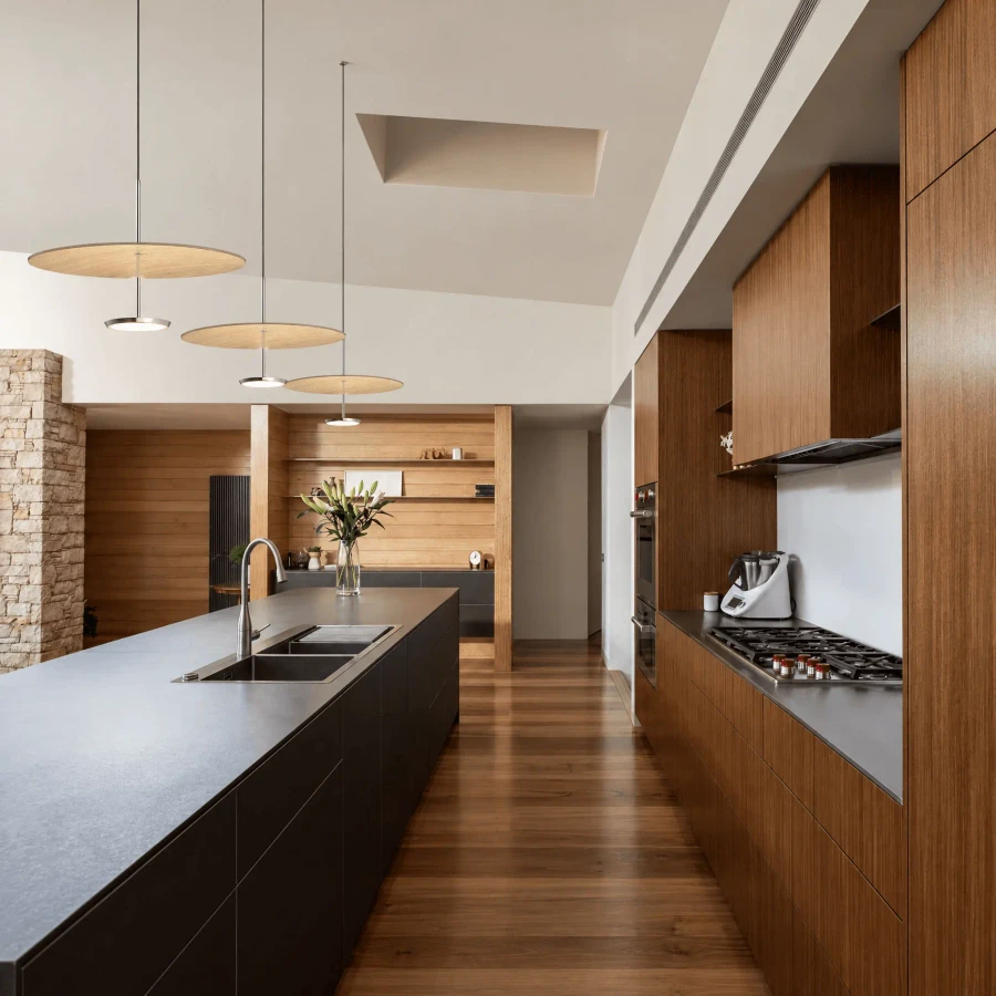 WHITE OAK || 18 IN - Pablo Sky Dome Pendant lights, White Oak Pressed Wood Shade, modern style, hanging over kitchen island, wide angle view.