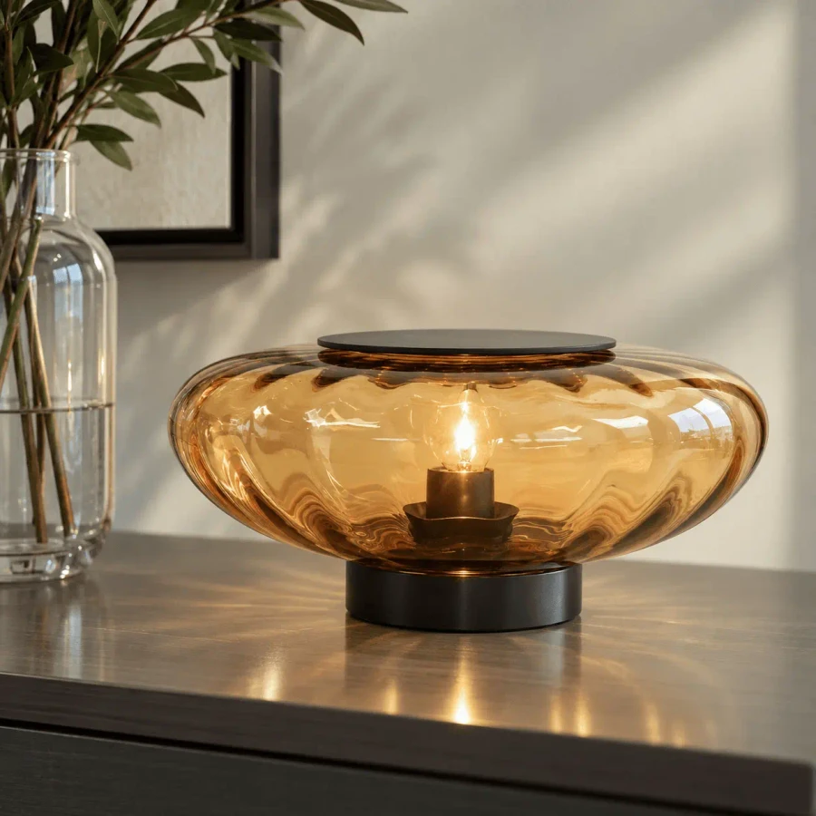 Bonaldo Acquerelli Large Table Lamp with ribbed amber glass shade and lead lacquered metal base in living room, eye-level.