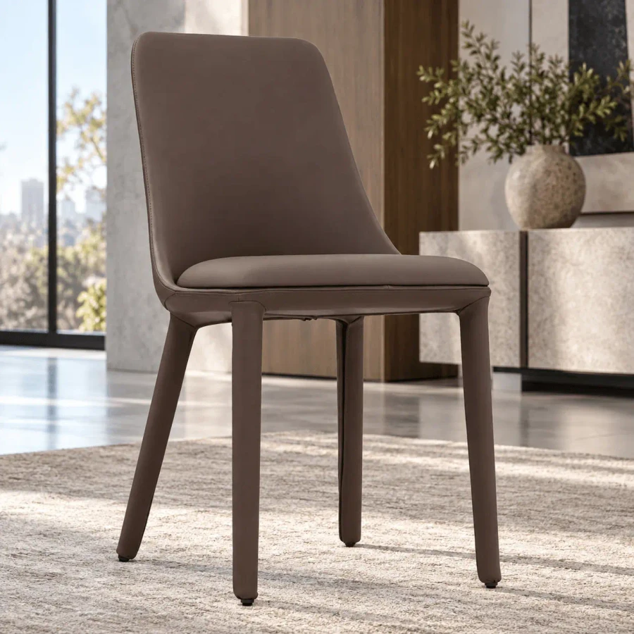 Bonaldo Itala Side Chair in Light Brown Capri Leather, modern style, upholstered with tapered legs, 3/4 view in dining room.