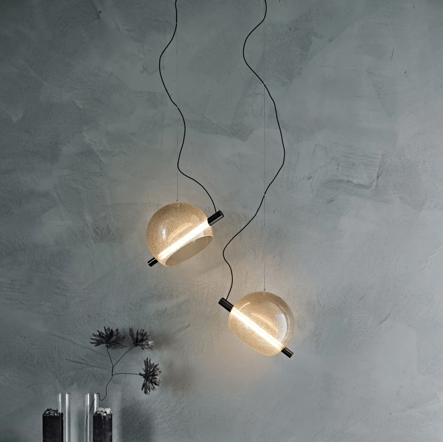 Cattelan Cody Ceiling Lamp, modern style, fume artistic blow glass, black chrome, integrated LED, living room, front view.