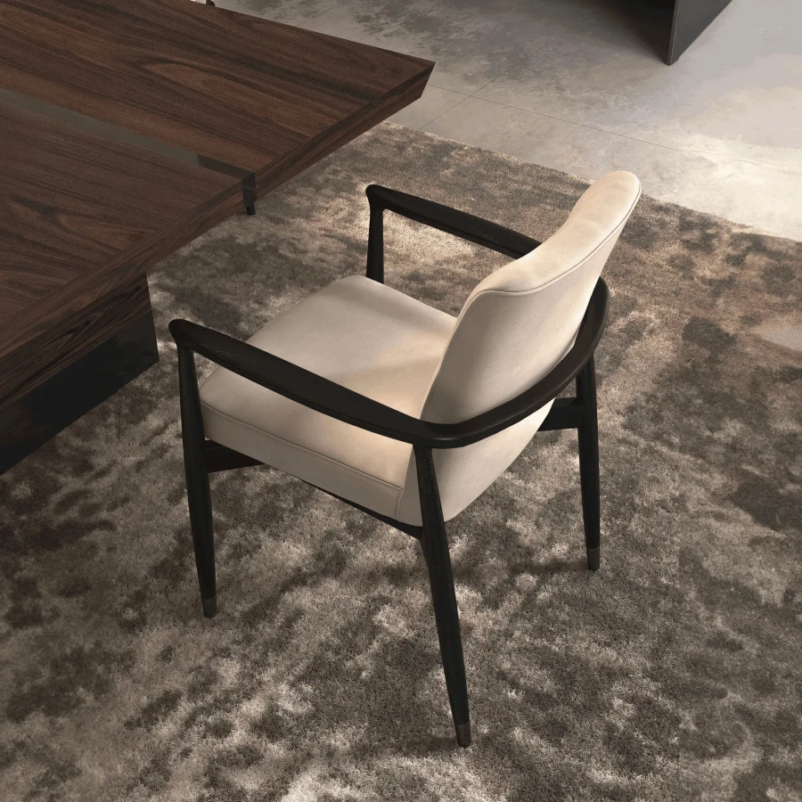 Malerba Next Level Arm Chair, mid-century modern, beige leather seat and back, matt black wood frame, dining room, side view
