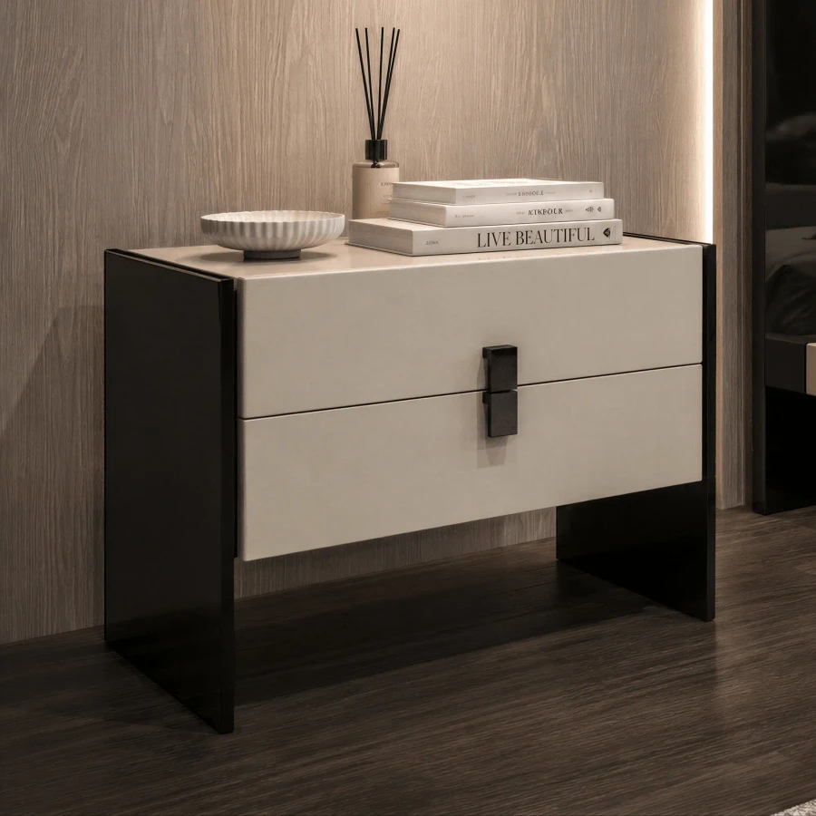 2 DRAWER - Modern two-drawer nightstand in cream and black lacquer, minimalist style, front three-quarter view.