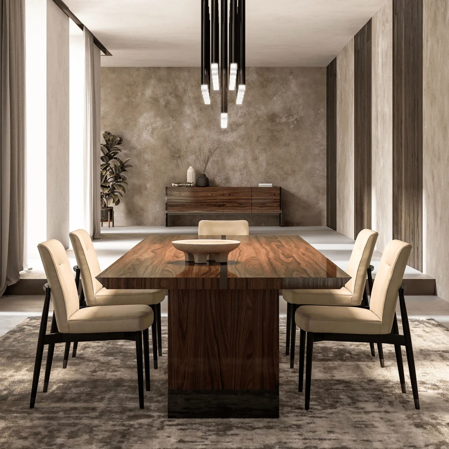 Malerba Next Level Dining Table in Palissandro Santos Gloss with Black Chrome accents in a modern dining room, front view.
