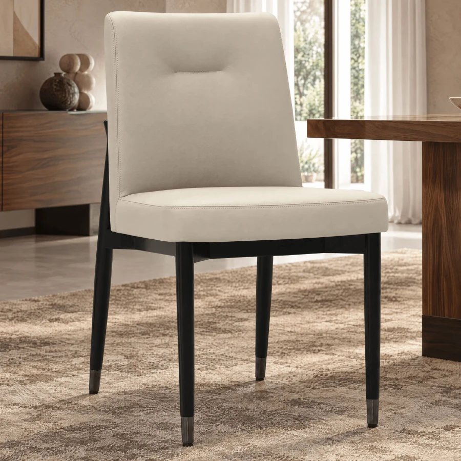 Malerba Next Level Side Chair, beige leather seat and back, matt black wood frame, black chrome leg caps, dining room view.