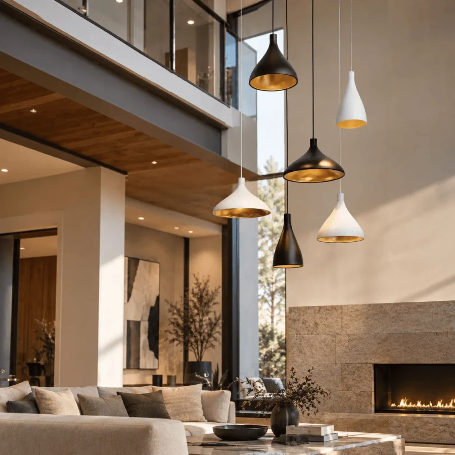 WHITE || 12 IN - Pablo Swell Pendant lights in Matte White and Black with Brass Interior in a modern living room, eye-level view.