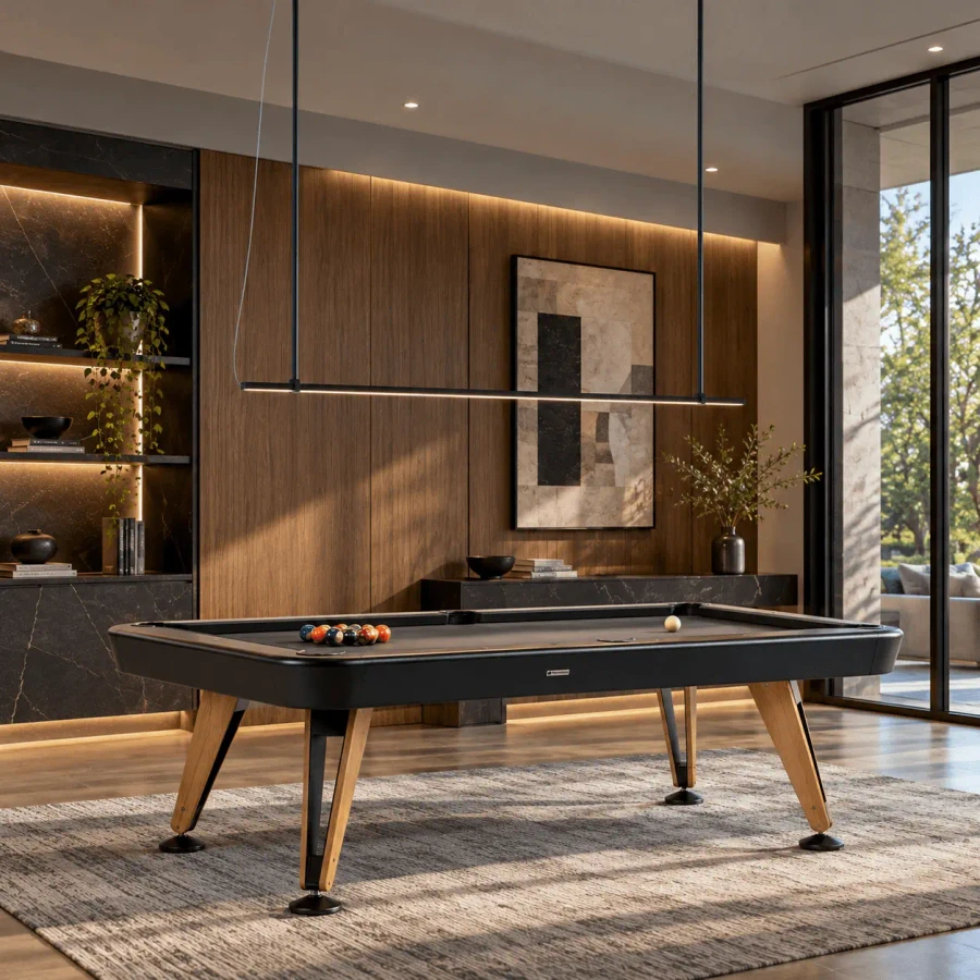 GRAPHITE/BLACK - Pablo T.o Pendant light, matte black, linear LED, hanging over a pool table in a modern living room, eye-level view.