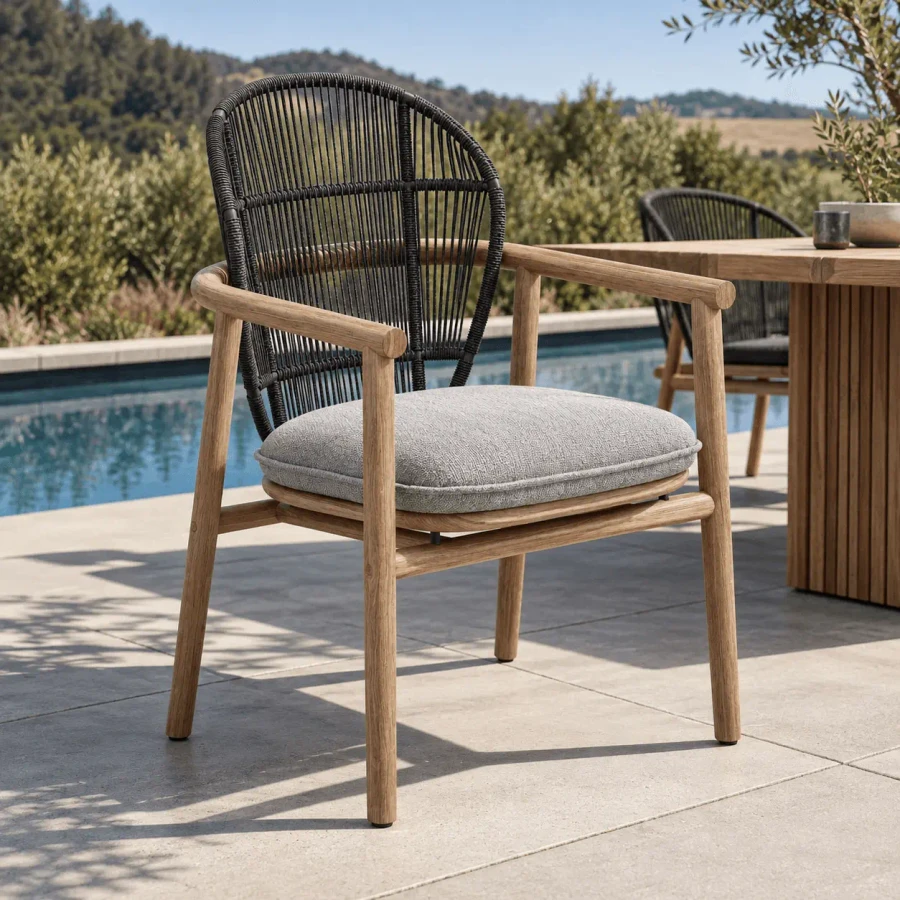 METEOR/RAVEN - Gloster Fern Dining Chair, natural teak and meteor frame with raven rope and lopi silver cushion, outdoor patio, 3/4 view