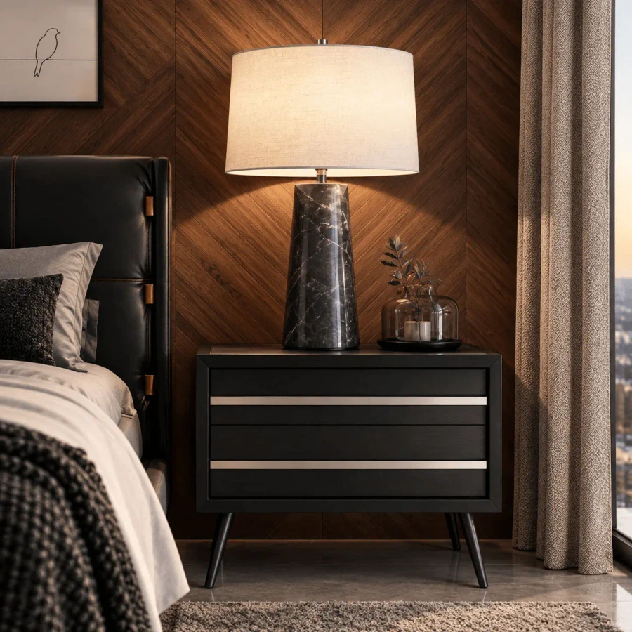Wyatt Table Lamp with Dark Mixed Finish Blown Glass base and Beige Linen Shade in a bedroom setting, front view.