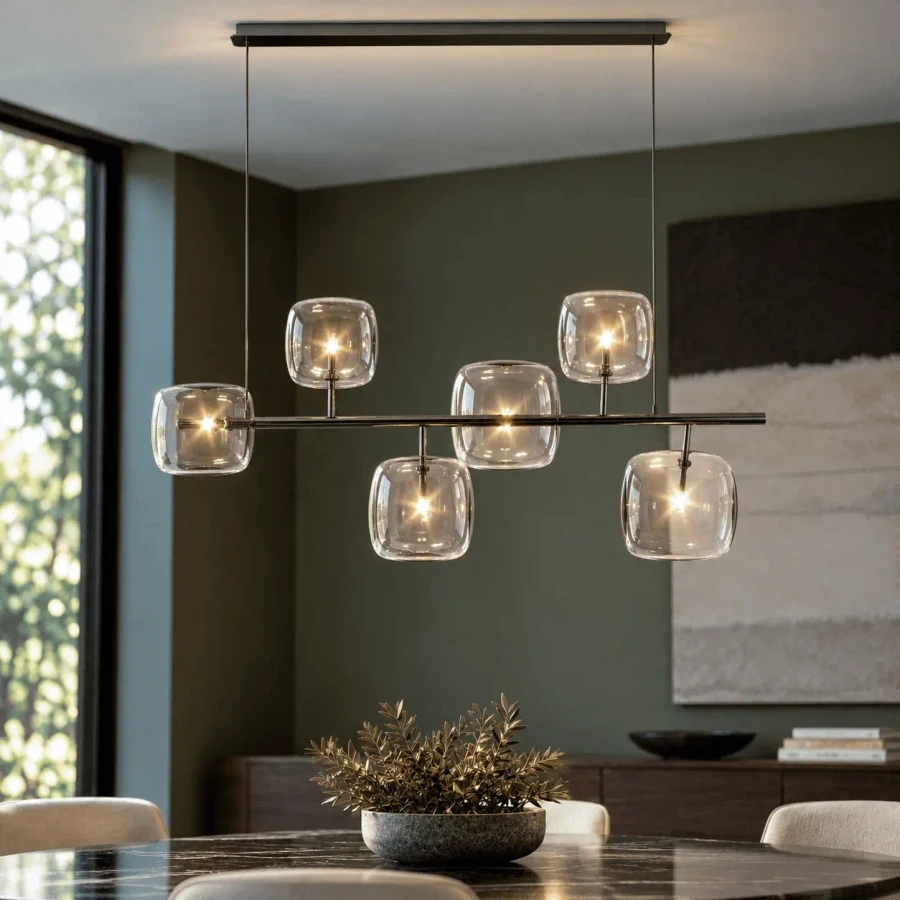 Tonelli Hyperion 6-light ceiling lamp, modern polished gunmetal frame, transparent blown glass, dining room, front view.