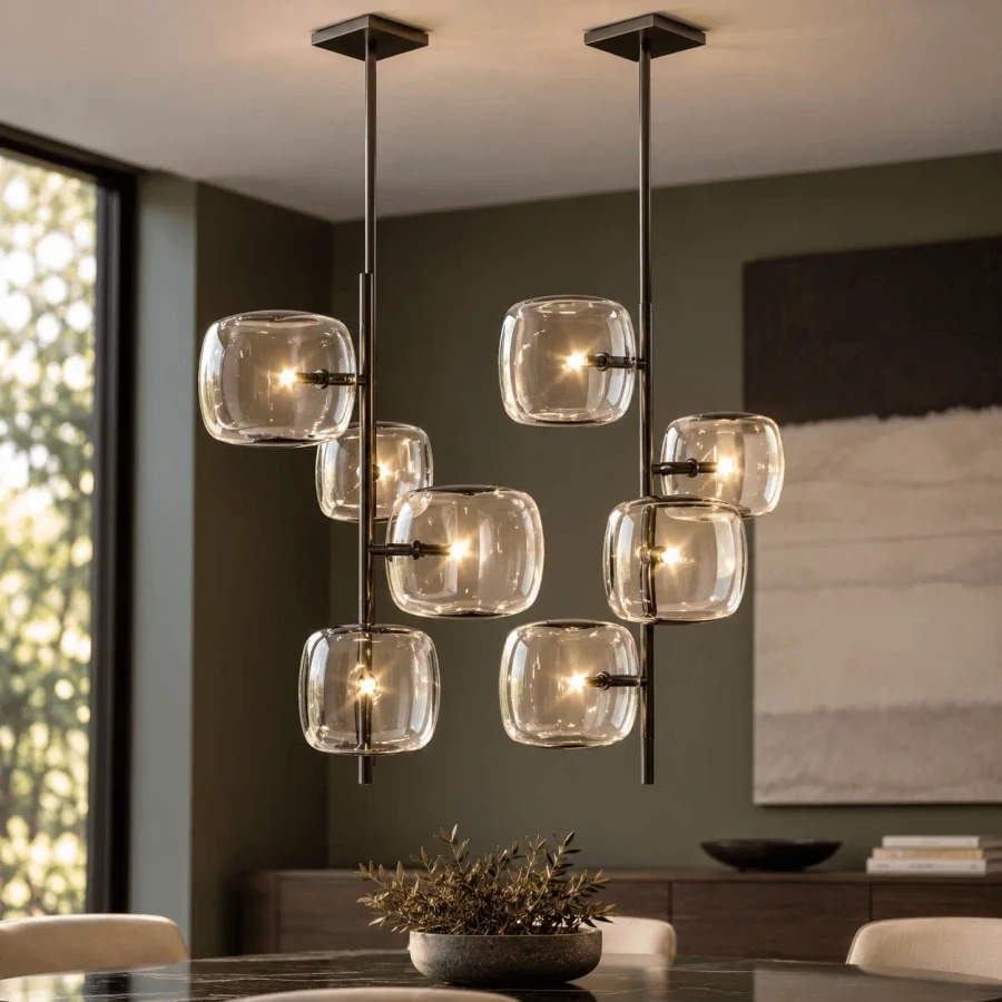 Tonelli Hyperion 4-light ceiling lamp, modern style, polished gunmetal frame, transparent blown glass, dining room view.