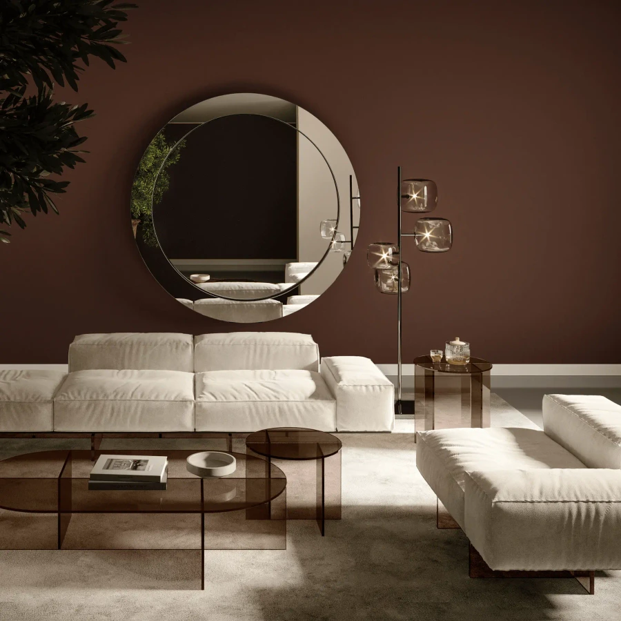 Tonelli Hyperion Floor Lamp, polished gunmetal frame, transparent blown glass, living room setting, front angle view.