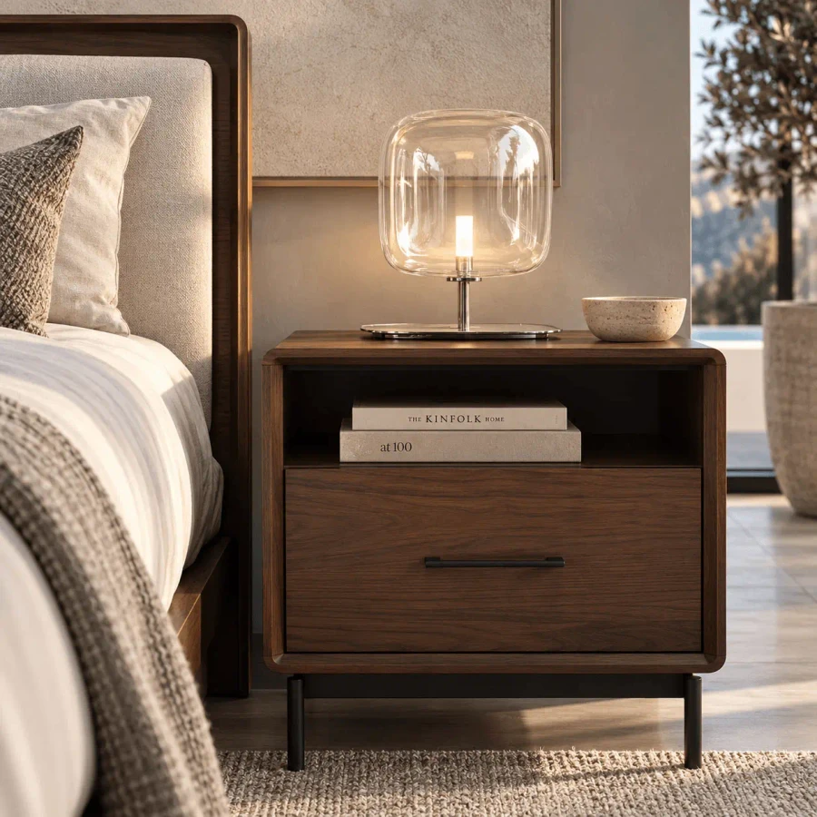 LARGE - Tonelli Hyperion Table Lamp with transparent blown glass and polished gunmetal frame in a bedroom, front angle view.