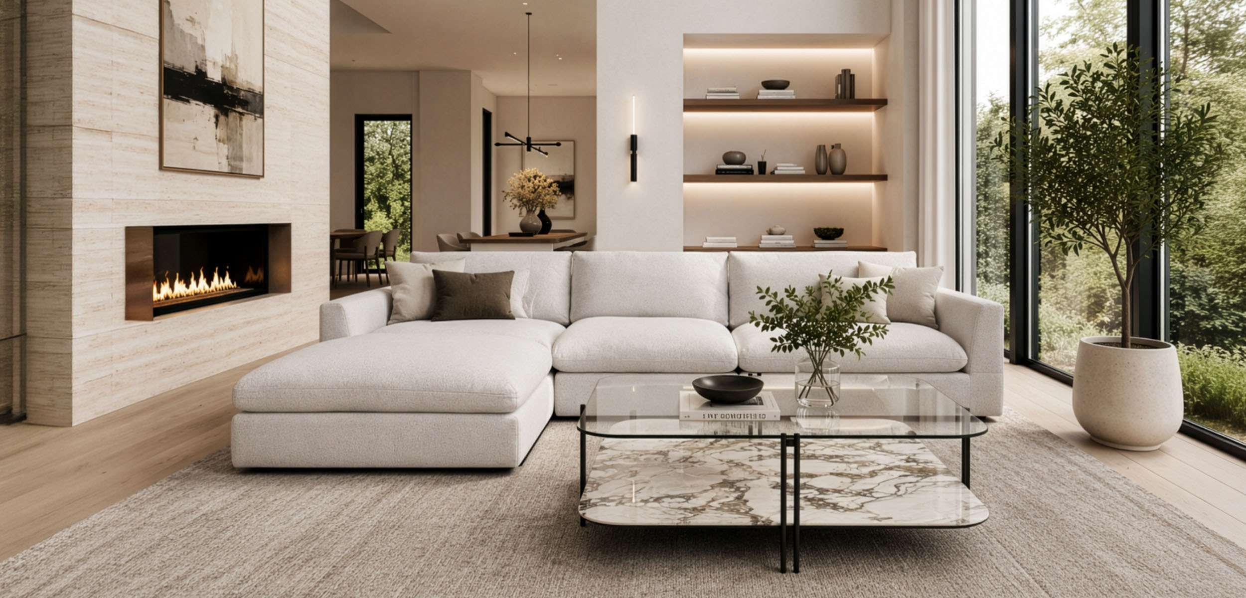 Modern minimalist living room featuring a large cream-colored sectional sofa, marble and glass coffee table, and built-in fireplace.