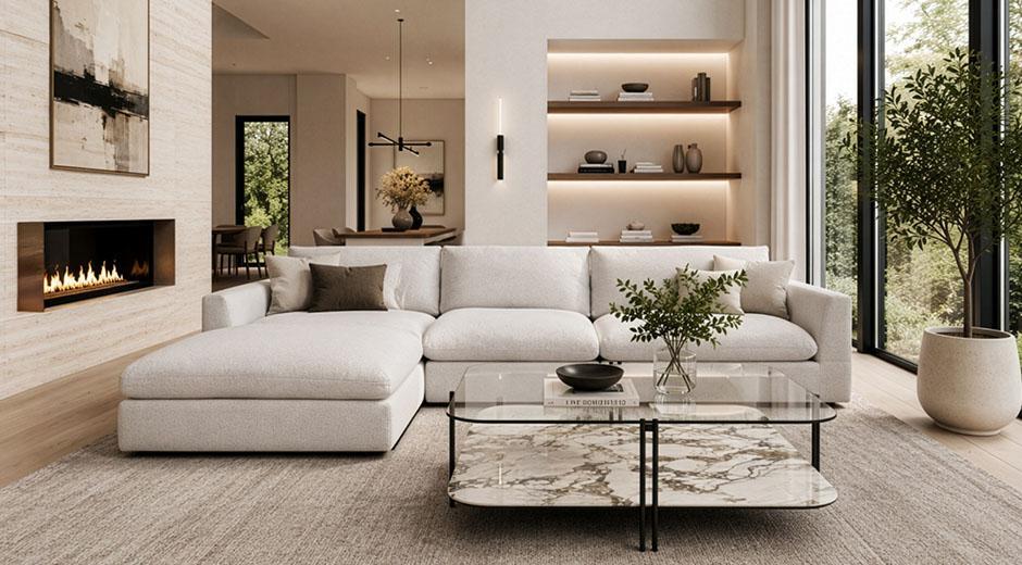 Modern minimalist living room featuring a large cream-colored sectional sofa, marble and glass coffee table, and built-in fireplace.