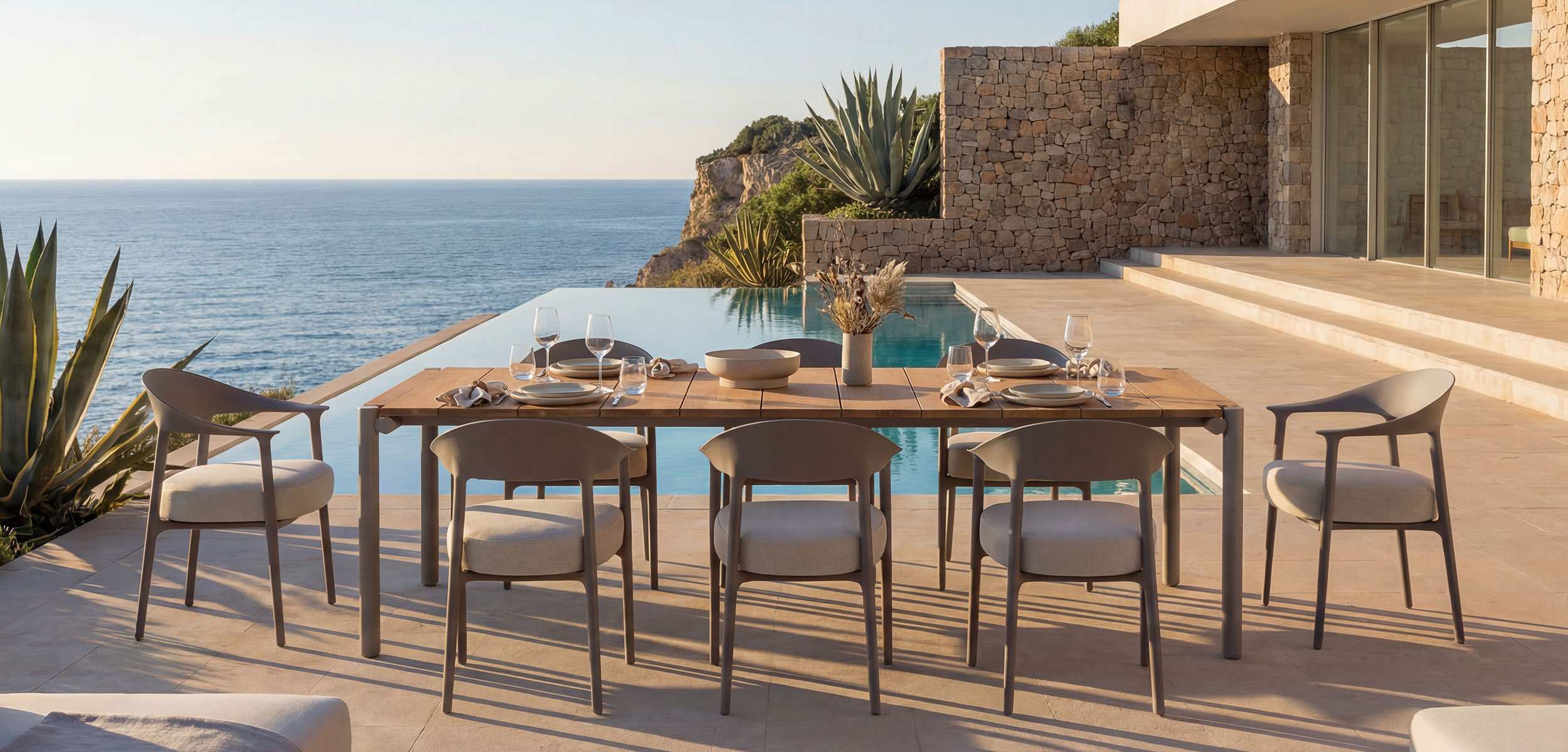 Luxury outdoor dining set with a wooden table and grey upholstered chairs on a patio next to an infinity pool overlooking the ocean.