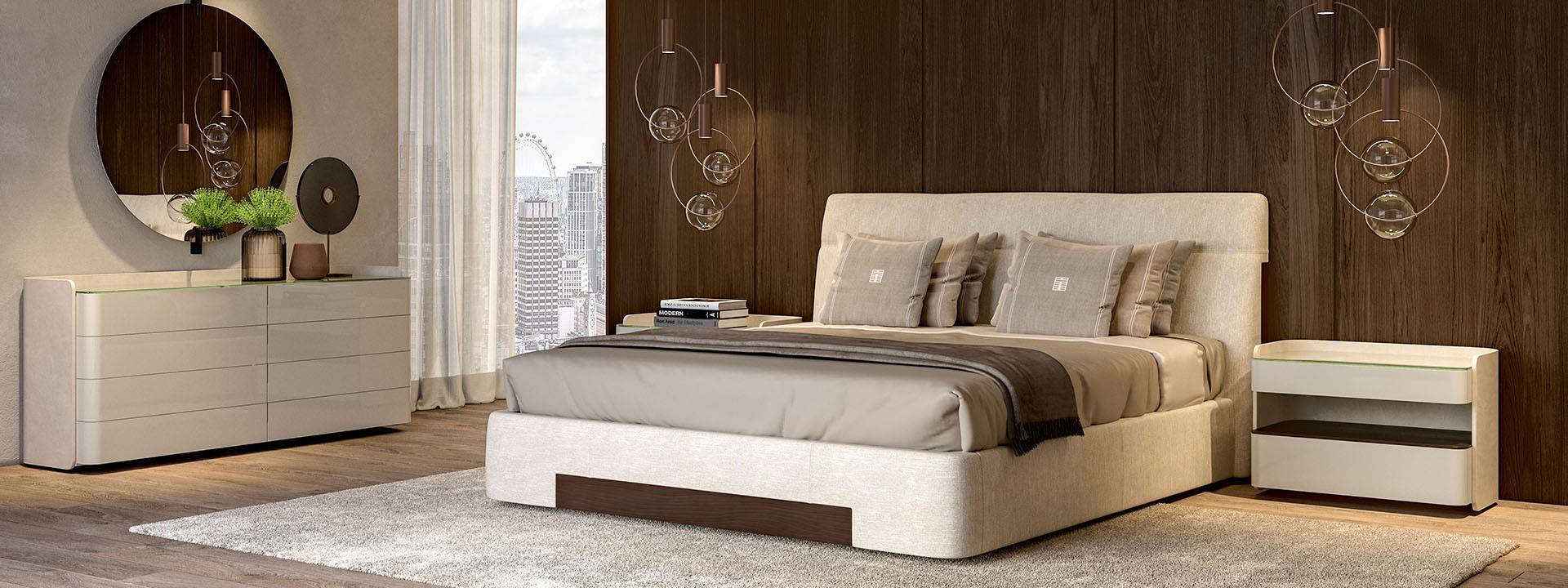 Modern dark wood bedroom set with upholstered headboard, grey linens, and mid-century nightstands