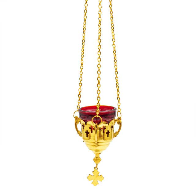 Home Size Hanging Vigil Lamp - Brass with Red Glass Votive
