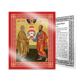 Icon of Saints Peter and Paul holding a church, with a red border and a description card in the background.