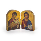 Orthodox pocket diptych icon with Jesus and Mary, hand carved wood , perfect for your desk and as a thoughtful gift.