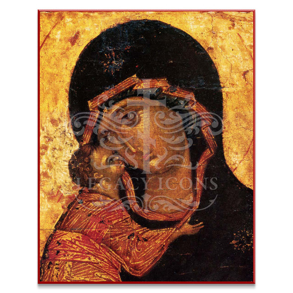 Exquisite Orthodox icon of Theotokos "Tenderness" (Eleusa) icon featuring a closeup of the tender love shared between Christ and His mother