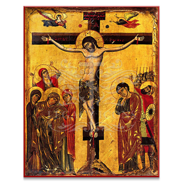 Historic Byzantine icon of the Crucifixion of Christ portrays the scene in stunning form and color