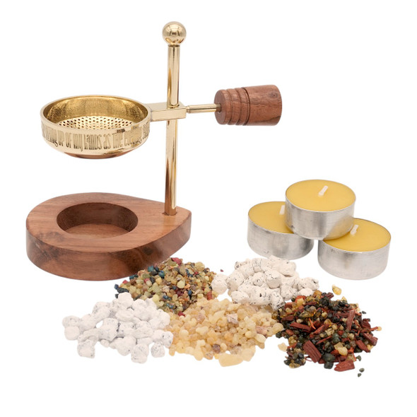 Smokeless incense burner kit with 3 candles and 5 .25 oz bags of incense