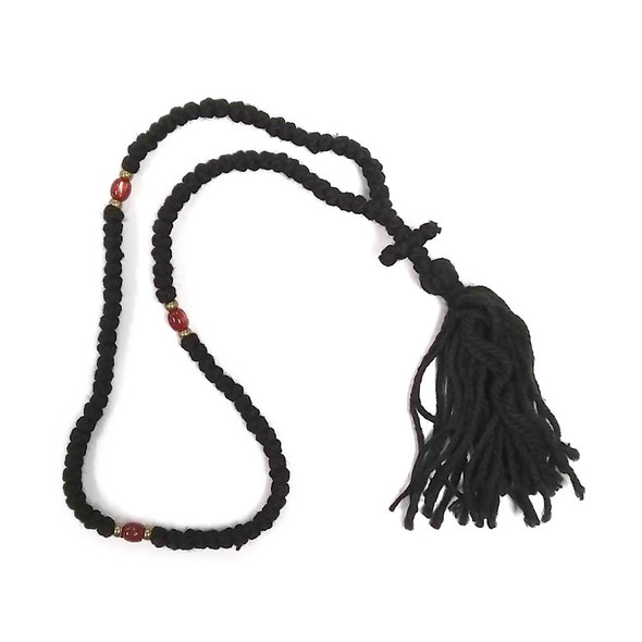 100 Knot wool Black prayer rope with tassle and cross 