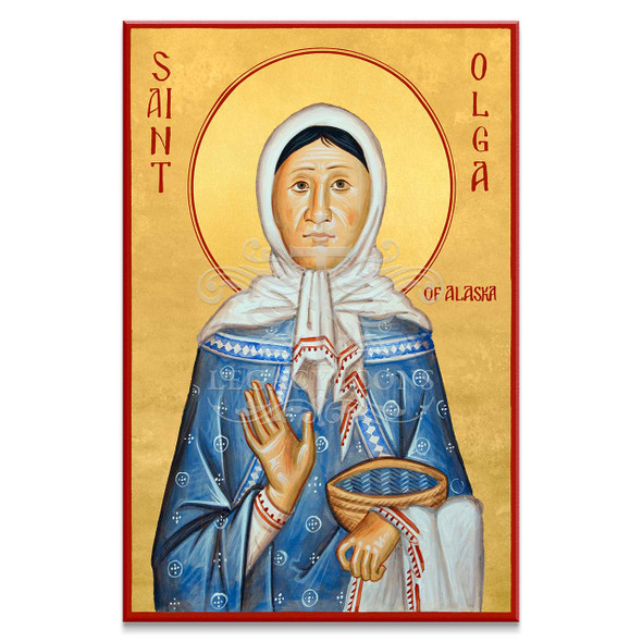 Saint Olga of Alaska wearing a blue mantle, holding a bowl of clean water and a towel