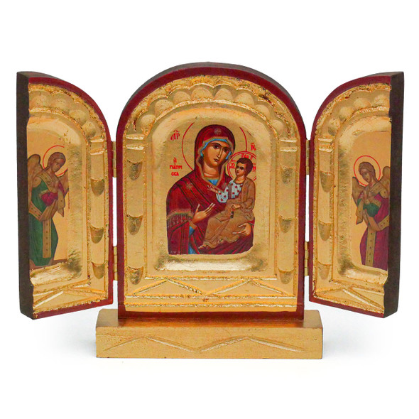 Hand-carved wooden triptych with gold leaf, crafted in Greece; ideal for Orthodox prayer corners.