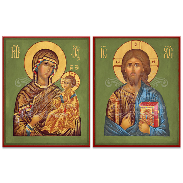 Set of two icons featuring the Virgin Mary and Jesus Christ with green backgrounds