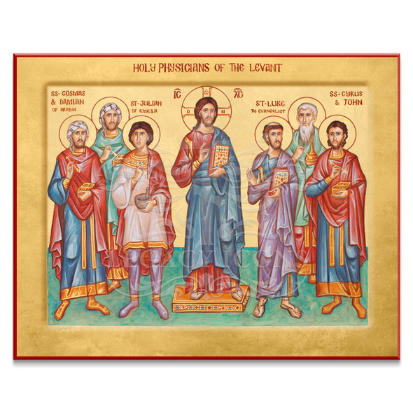 Icon of Christ with the Holy Physicians of the Levant: Saints Cosmas, Damian, Julian, Luke, Cyrus, and John.