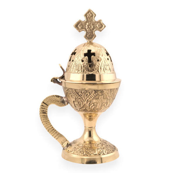 Brass incense burner with floral and cross design