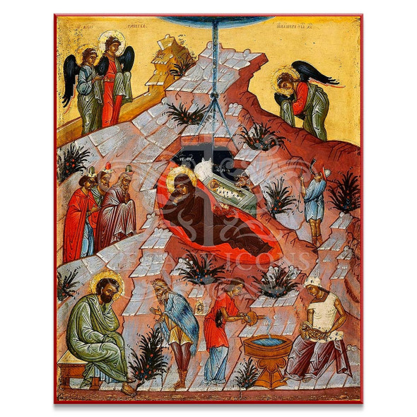 Historic Greek Orthodox icon of the Nativity of Christ portraying multiple scenes from the Gospel accounts in Matthew and Luke