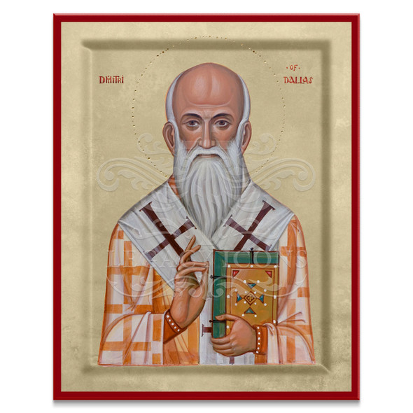 An icon of the Bishop Dmitri of Dallas, who blesses the beholder with his right hand and holds the Gospel texts in his left. 