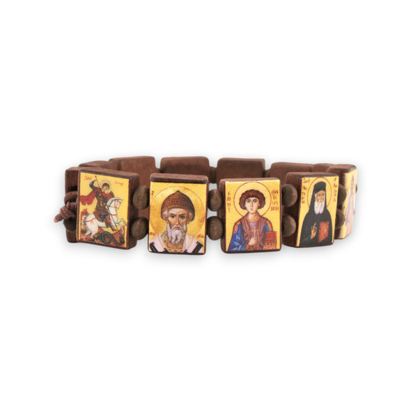 A bracelet made of small wooden tablets depicting saints