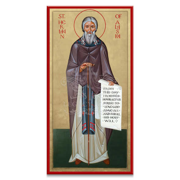 The Russian missionary to Alaska Saint Herman, dressed in monastic garb and holding a scroll 
