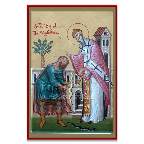 Saint Spyridon achieving a miracle by turning snakes into gold pieces for a poor starving beggar. 