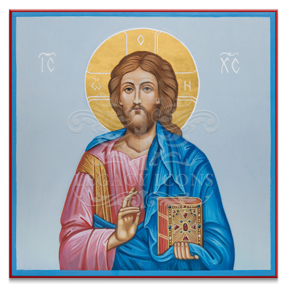 Pantocrater icon in blue color scheme and gold leaf. 