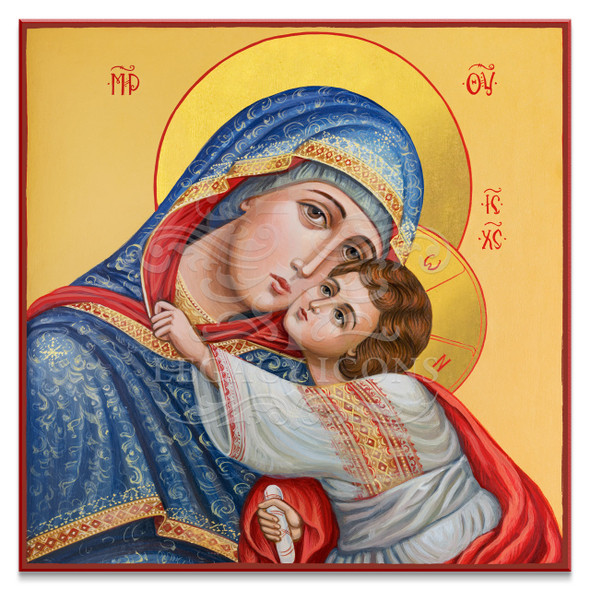 An icon of the Theotokos and her Son Jesus in a tender embrace, garbed in the robes of royalty. 