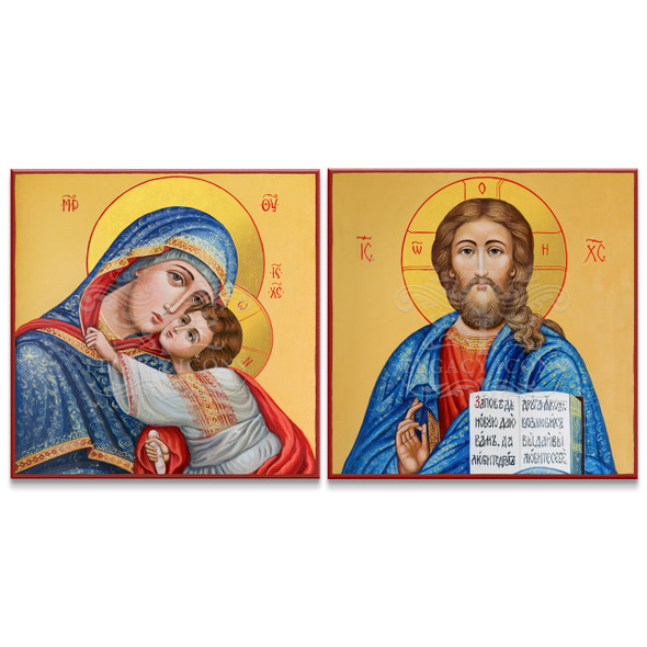 A set of Orthodox icons including one of the "Sweet-kissing" Theotokos as well as one of Christ the Pantocrater. 