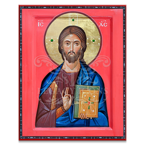 The Lord Jesus Christ as the Pantocrator, rendered in fine detail against a brilliant red background. 