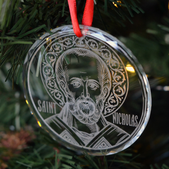 Crystal icon ornament of Saint Nicholas, the bishop of Myra. 