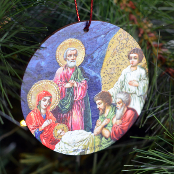 Orthodox nativity scene on wood round ornament