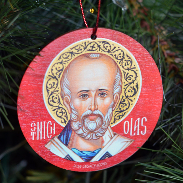 round ornament with icon of saint Nicholas 