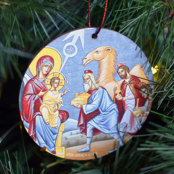 Orthodox nativity scene on round ornament